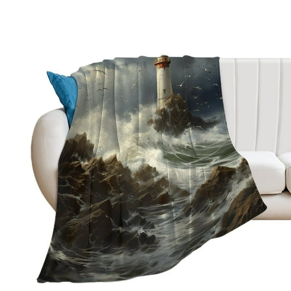 Lighthouse Sunrise Coast Scenery Pale Blue Tan Blanket for Bed Throw Blanket for Women, Men And Kids Super Soft Plush Blanket Throw, Print Blanket, Blanket for Kids