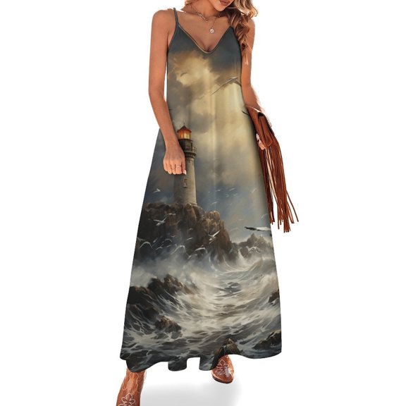 Lighthouse Sunrise Coast Scenery Pale Blue Tan Design Sleeveless Dress Woman Fashion Long Dresses Women's Summer Suit Dress 2025