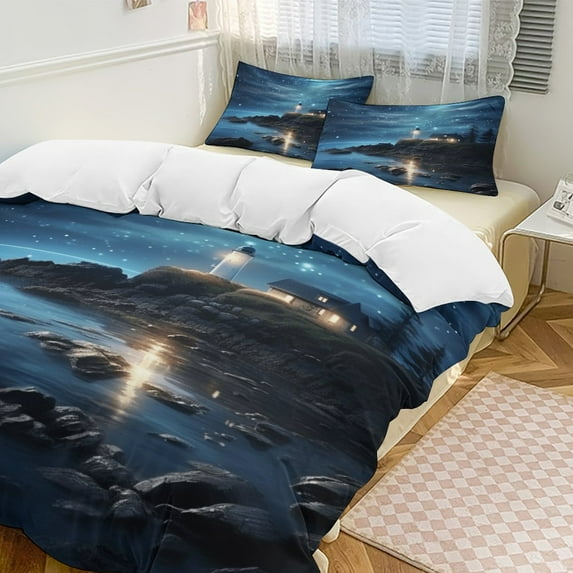 Lighthouse Sunrise Coast Scenery Pale Blue Tan Duvet Cover Set King Size for Bedroom Decoration Print Bedding Set Comforter Cover Decorative Microfiber with 2 Pillow Sham Multicolor
