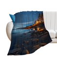 thumbnail image 1 of Lighthouse Sunrise Coast Scenery Pale Blue Tan Flannel Blanket Lightweight Blanket for Couch Sofa Bed, Super Soft Cozy Print Warm Blanket, 1 of 8