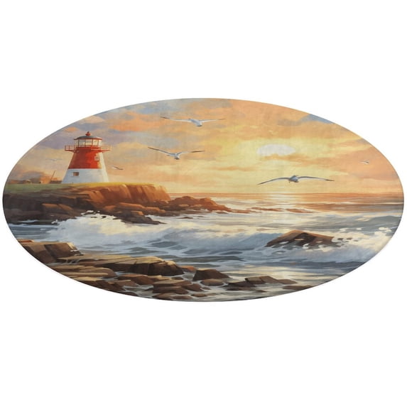Lighthouse Sunrise Coast Scenery Pale Blue Tan Floral Medallion Round Rug - Small Round Area Rug, Soft Non-Slip Machine Washable Bedroom Mat Indoor Accent Entry Carpet for Office Desk Dorm Hallway