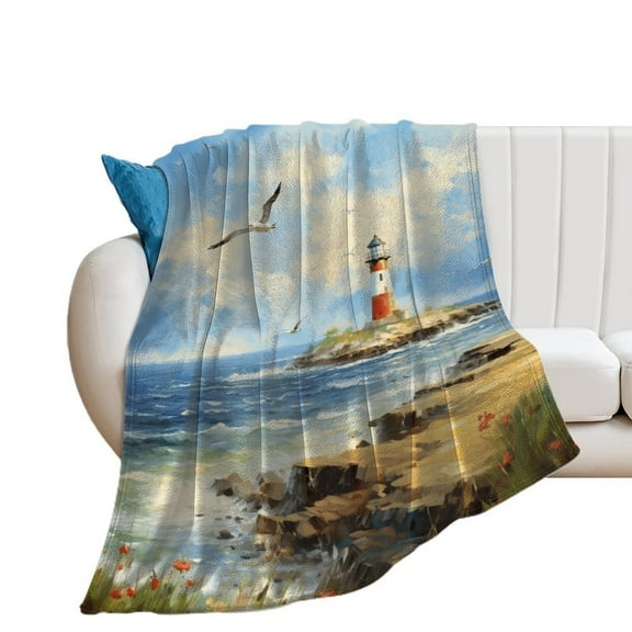 Lighthouse Sunrise Coast Scenery Pale Blue Tan Print Blanket Warm Throw Blanket Soft Flannel Lightweight Throw Blankets Couch Bed Travel Bedding Room Decor for Kids Teens Adults