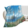 thumbnail image 1 of Lighthouse Sunrise Coast Scenery Pale Blue Tan Print Blanket Warm Throw Blanket Soft Flannel Lightweight Throw Blankets Couch Bed Travel Bedding Room Decor for Kids Teens Adults, 1 of 8