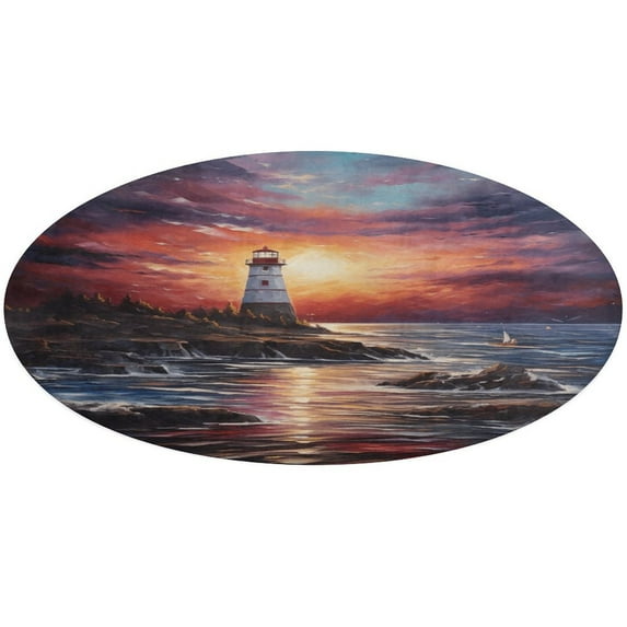 Lighthouse Sunrise Coast Scenery Pale Blue Tan Round Small Area Rug, Print Non Slip Washable Floor Mat, Soft Throw Rug for Living Room, Powder Room Entryway, Bathroom, Bedside