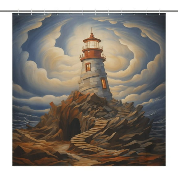 Lighthouse Sunrise Coast Scenery Pale Blue Tan Shower Curtain for Bathroom with 12Hooks, Polyester Fabric Thick Shower Curtain Washable Waterproof Curtain