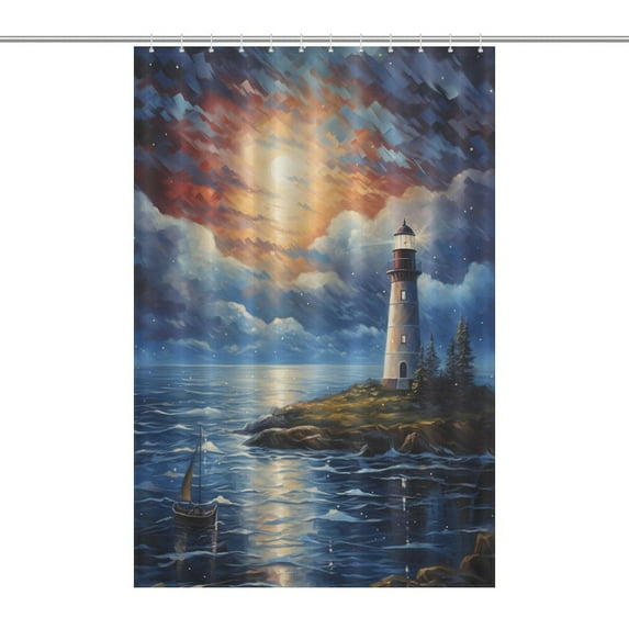 Lighthouse Sunrise Coast Scenery Pale Blue Tan Shower Curtain for Bathroom with 12Hooks, Polyester Fabric Thick Shower Curtain Washable Waterproof Curtain