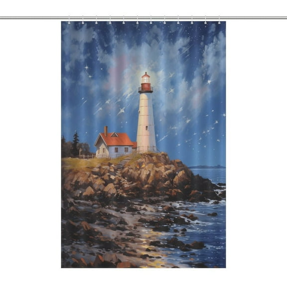 Lighthouse Sunrise Coast Scenery Pale Blue Tan Shower Curtain for Bathroom with 12Hooks, Polyester Fabric Thick Shower Curtain Washable Waterproof Curtain