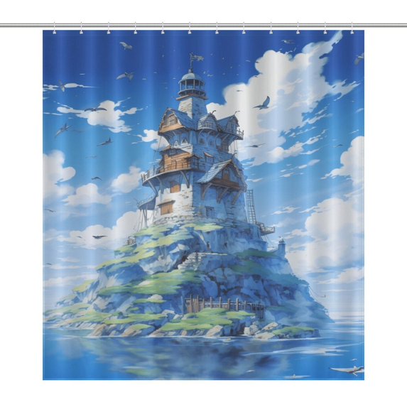 Lighthouse Sunrise Coast Scenery Pale Blue Tan Shower Curtain for Bathroom with 12Hooks, Polyester Fabric Thick Shower Curtain Washable Waterproof Curtain