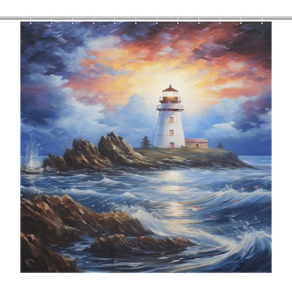 Lighthouse Sunrise Coast Scenery Pale Blue Tan Shower Curtain for Bathroom with 12Hooks, Polyester Fabric Thick Shower Curtain Washable Waterproof Curtain