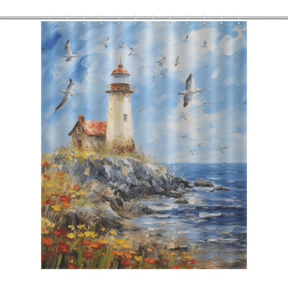 Lighthouse Sunrise Coast Scenery Pale Blue Tan Shower Curtain for Bathroom with 12Hooks, Polyester Fabric Thick Shower Curtain Washable Waterproof Curtain