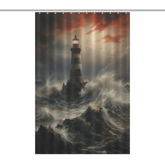 Lighthouse Sunrise Coast Scenery Pale Blue Tan Shower Curtain Cloth Fabric Bathroom Decor with Hooks