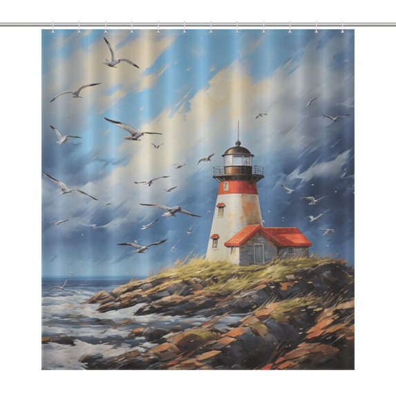 Lighthouse Sunrise Coast Scenery Pale Blue Tan Shower Curtain Fabric Bathroom Decor with Hooks