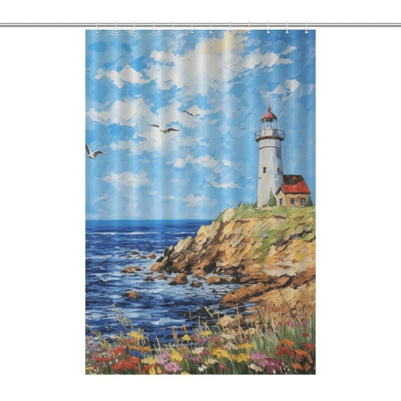Lighthouse Sunrise Coast Scenery Pale Blue Tan Shower Curtain Fabric Bathroom Decor with Hooks