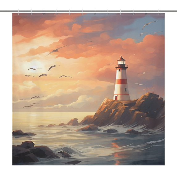 Lighthouse Sunrise Coast Scenery Pale Blue Tan Shower Curtain Fabric Bathroom Decor with Hooks