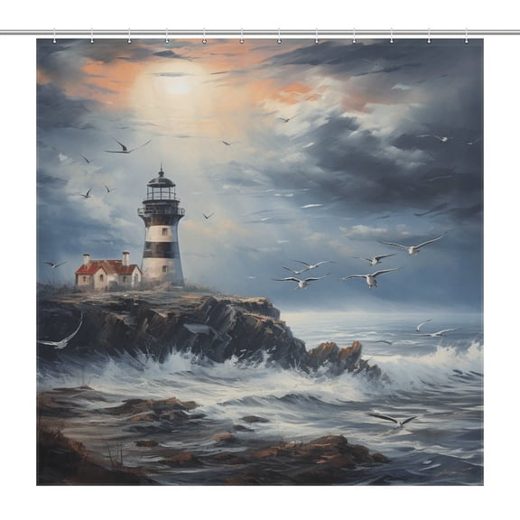 Lighthouse Sunrise Coast Scenery Pale Blue Tan Shower Curtain Fabric Bathroom Decor with Hooks