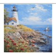 thumbnail image 1 of Lighthouse Sunrise Coast Scenery Pale Blue Tan Shower Curtain Fabric Bathroom Decor with Hooks, 1 of 8