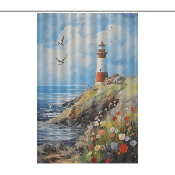 Lighthouse Sunrise Coast Scenery Pale Blue Tan Shower Curtain Fabric Bathroom Decor with Hooks