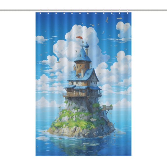 Lighthouse Sunrise Coast Scenery Pale Blue Tan Shower Curtain Fabric Bathroom Decor with Hooks