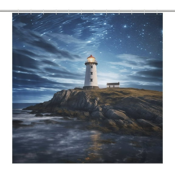 Lighthouse Sunrise Coast Scenery Pale Blue Tan Shower Curtain Modern Home Bathroom Bathtub Decor Waterproof Fabric with 12PCS Hooks