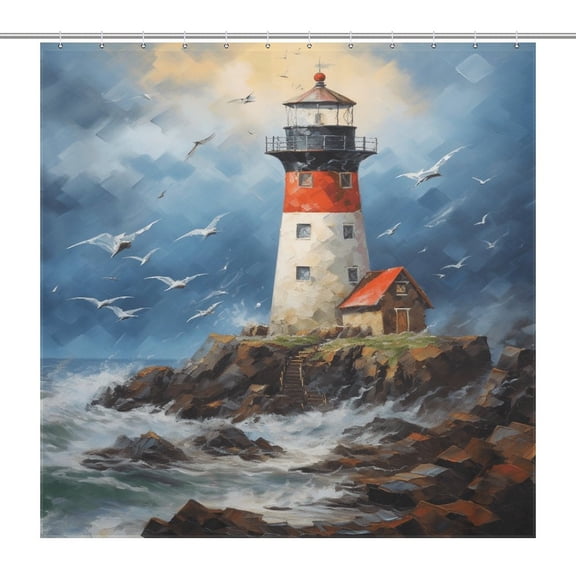 Lighthouse Sunrise Coast Scenery Pale Blue Tan Shower Curtain Modern Home Bathroom Bathtub Decor Waterproof Fabric with 12PCS Hooks