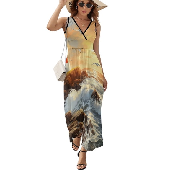 Lighthouse Sunrise Coast Scenery Pale Blue Tan Sleeveless Dress Woman Fashion Long Dresses Women's Summer Suit Dress 2025