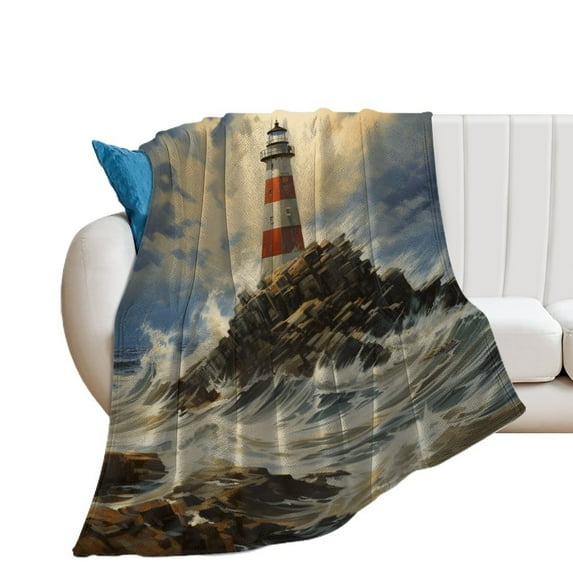 Lighthouse Sunrise Coast Scenery Pale Blue Tan Soft Print Blanket Throw Blankets Warm Cozy Lightweight Couch Blanket Stuff Gifts for Women Girls Kids Mom Teens Boys
