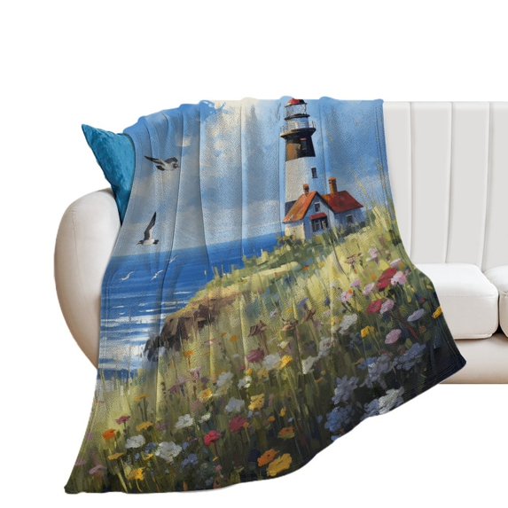 Lighthouse Sunrise Coast Scenery Pale Blue Tan Soft Print Blanket Throw Blankets Warm Cozy Lightweight Couch Blanket Stuff Gifts for Women Girls Kids Mom Teens Boys