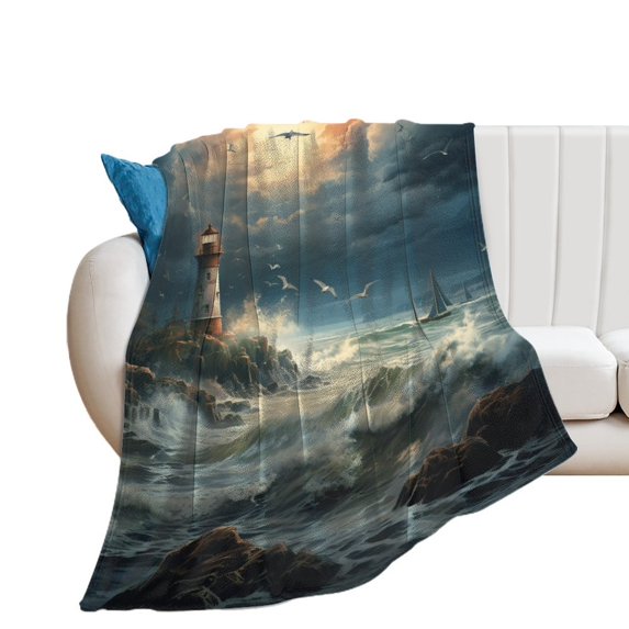 Lighthouse Sunrise Coast Scenery Pale Blue Tan Soft Print Blanket Throw Blankets Warm Cozy Lightweight Couch Blanket Stuff Gifts for Women Girls Kids Mom Teens Boys