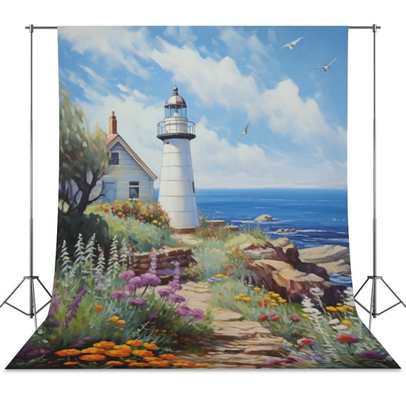 Lighthouse Sunrise Coast Scenery Pale Blue Tan Spring Backdrop Backdrops for Photography Photo Background Nature Scenery Banner