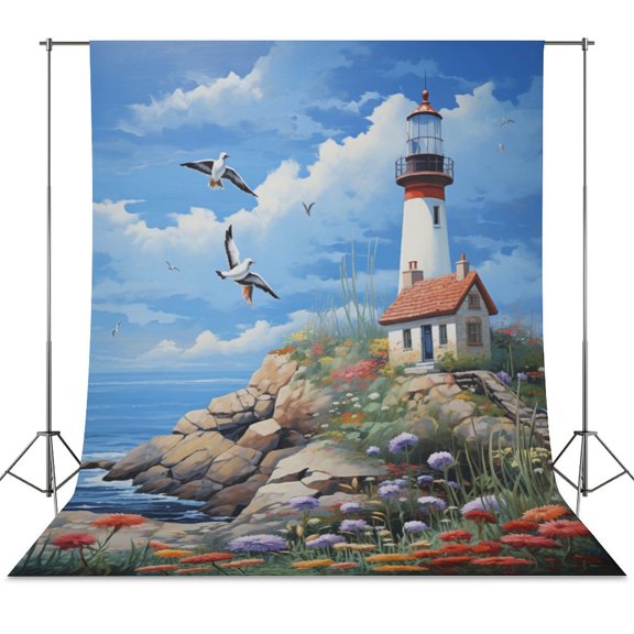 Lighthouse Sunrise Coast Scenery Pale Blue Tan Spring Backdrop Backdrops for Photography Photo Background Nature Scenery Banner