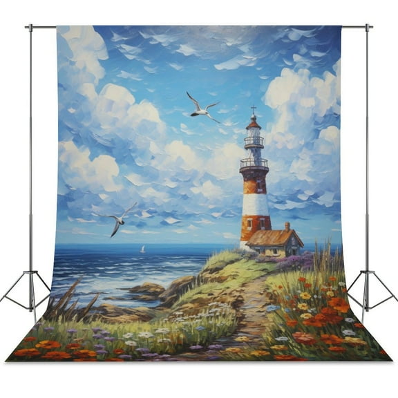Lighthouse Sunrise Coast Scenery Pale Blue Tan Spring Backdrop Backdrops for Photography Photo Background Nature Scenery Banner