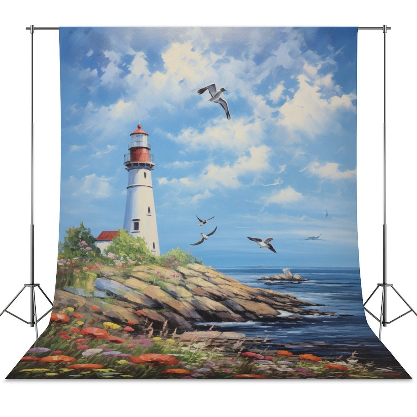 Lighthouse Sunrise Coast Scenery Pale Blue Tan Spring Backdrop ...