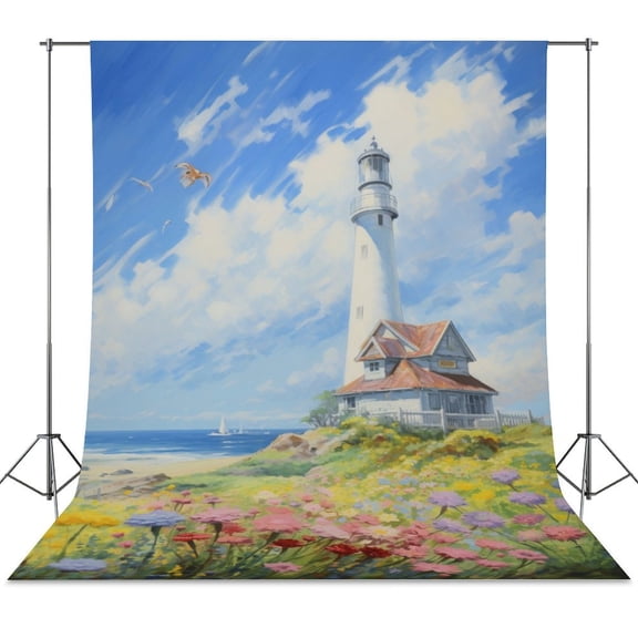 Lighthouse Sunrise Coast Scenery Pale Blue Tan Spring Backdrop Backdrops for Photography Photo Background Nature Scenery Banner