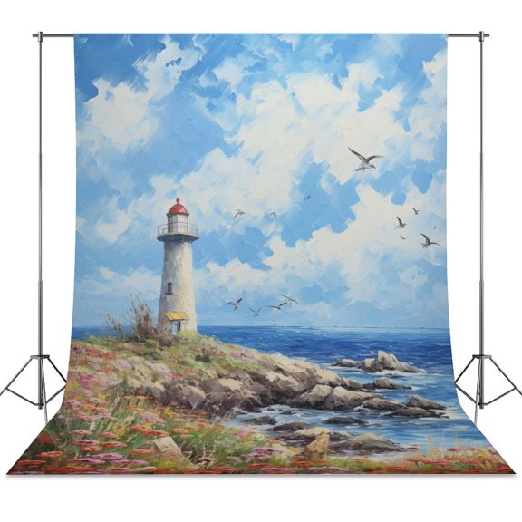 Lighthouse Sunrise Coast Scenery Pale Blue Tan Spring Backdrop Backdrops for Photography Photo Background Nature Scenery Banner