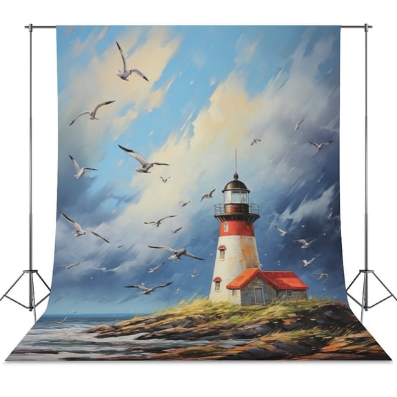 Lighthouse Sunrise Coast Scenery Pale Blue Tan Spring Wall Backdrop Background Floral Backdrops 5x7FT