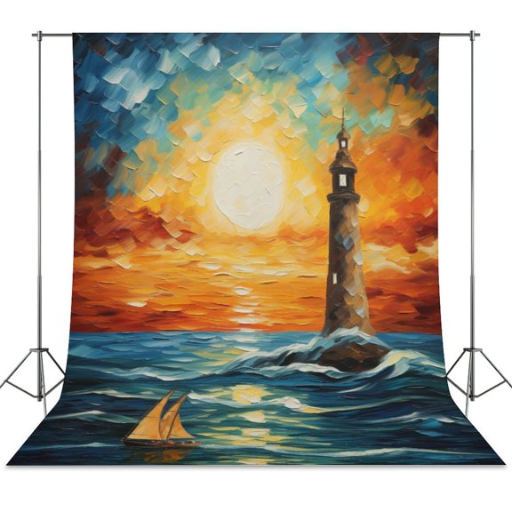 Lighthouse Sunrise Coast Scenery Pale Blue Tan Spring Wall Backdrop Background Floral Backdrops 5x7FT