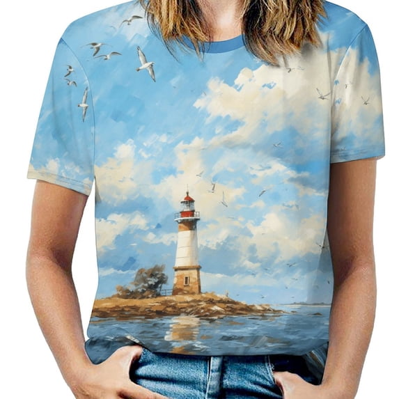 Lighthouse Sunrise Coast Scenery Pale Blue Tan T Shirts Basic T-Shirt Short Sleeve Ladies Tee Shirt Summer Graphic Clothing