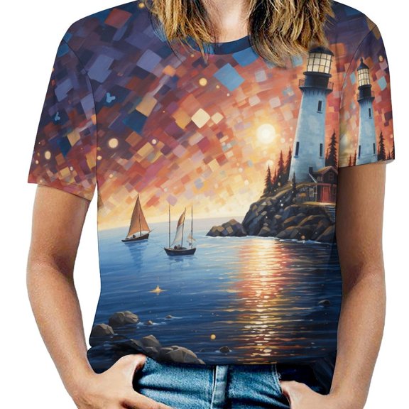 Lighthouse Sunrise Coast Scenery Pale Blue Tan T Shirts Basic T-Shirt Short Sleeve Ladies Tee Shirt Summer Graphic Clothing