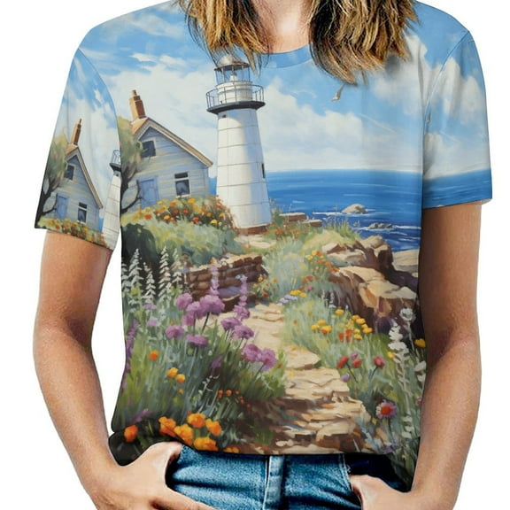 Lighthouse Sunrise Coast Scenery Pale Blue Tan T Shirts Basic T-Shirt Short Sleeve Ladies Tee Shirt Summer Graphic Clothing