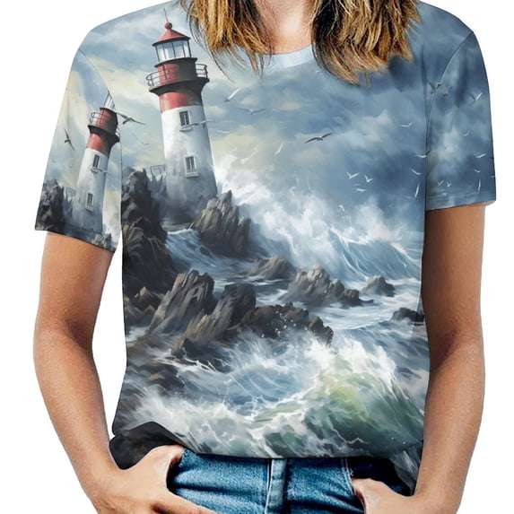Lighthouse Sunrise Coast Scenery Pale Blue Tan T Shirts Basic T-Shirt Short Sleeve Ladies Tee Shirt Summer Graphic Clothing