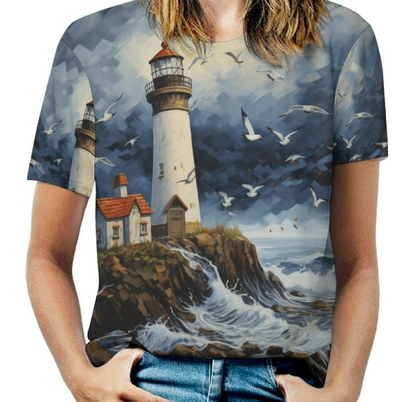 Lighthouse Sunrise Coast Scenery Pale Blue Tan T Shirts Basic T-Shirt Short Sleeve Ladies Tee Shirt Summer Graphic Clothing