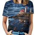 thumbnail image 1 of Lighthouse Sunrise Coast Scenery Pale Blue Tan T Shirts Basic T-Shirt Short Sleeve Ladies Tee Shirt Summer Graphic Clothing, 1 of 6