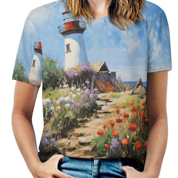 Lighthouse Sunrise Coast Scenery Pale Blue Tan T Shirts Basic T-Shirt Short Sleeve Ladies Tee Shirt Summer Graphic Clothing