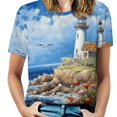 thumbnail image 1 of Lighthouse Sunrise Coast Scenery Pale Blue Tan T Shirts Basic T-Shirt Short Sleeve Ladies Tee Shirt Summer Graphic Clothing, 1 of 6