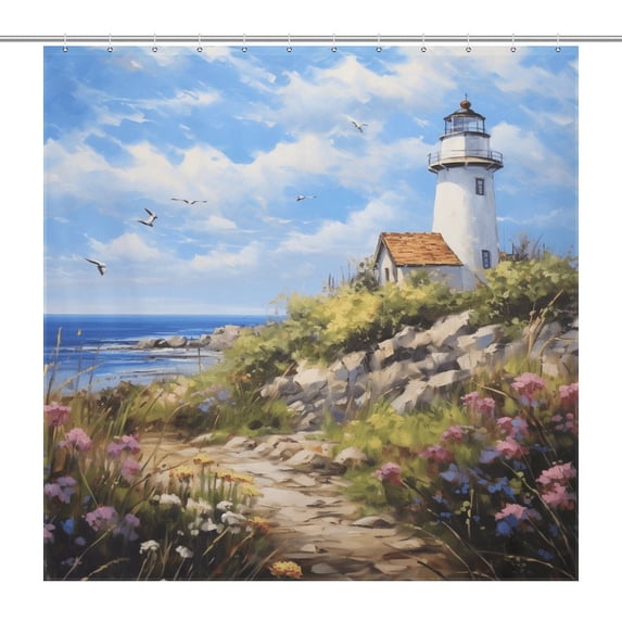 Lighthouse Sunrise Coast Scenery Pale Blue Tan Waterproof Polyester Quick-Drying Shower Curtain for Bathroom with 12 Hooks