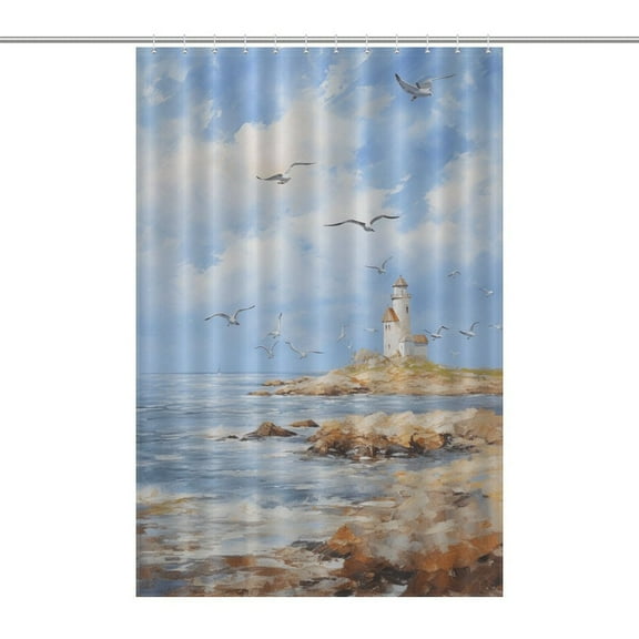 Lighthouse Sunrise Coast Scenery Pale Blue Tan Waterproof Polyester Quick-Drying Shower Curtain for Bathroom with 12 Hooks