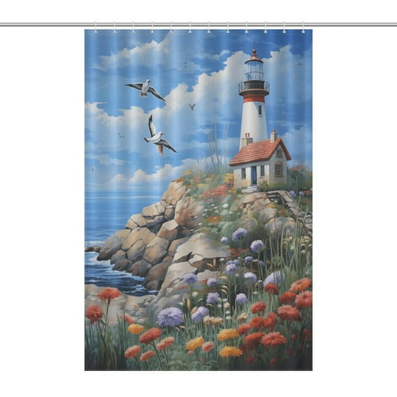 Lighthouse Sunrise Coast Scenery Pale Blue Tan Waterproof Polyester Quick-Drying Shower Curtain for Bathroom with 12 Hooks