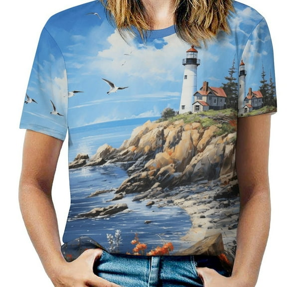 Lighthouse Sunrise Coast Scenery Pale Blue Tan Women's Short Sleeve T-Shirt Crew Neck Casual Summer Trendy Loose Fit Tops