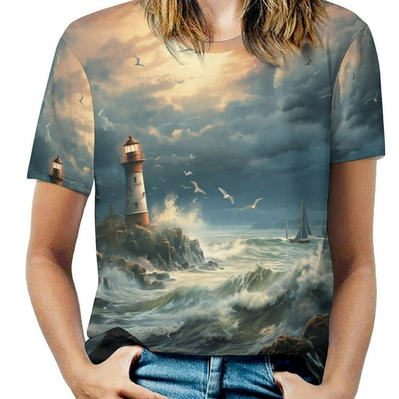Lighthouse Sunrise Coast Scenery Pale Blue Tan Women's Short Sleeve T-Shirt Crew Neck Casual Summer Trendy Loose Fit Tops