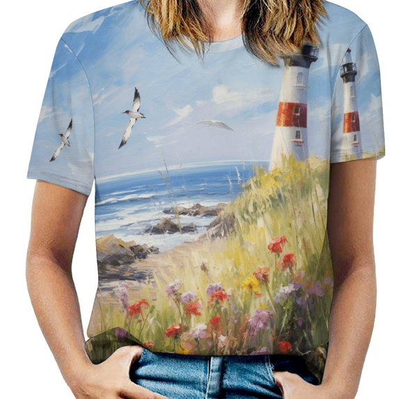 Lighthouse Sunrise Coast Scenery Pale Blue Tan Women's Short Sleeve T-Shirt Crew Neck Casual Summer Trendy Loose Fit Tops
